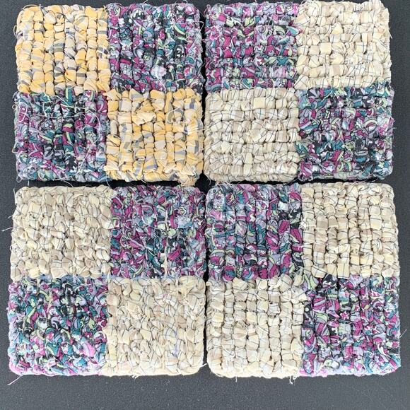 Drink Coaster Set Locker Hooking Handmade Yellow Purple Fabric Square Coasters - Picture 4 of 8